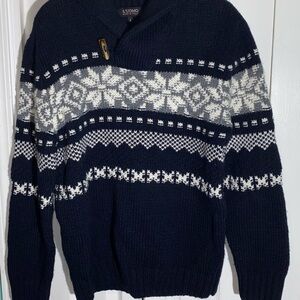 L’uomo Sweater L Navy Blue Wool Blend Nordic Fair Isle Shawl Collar  AA02